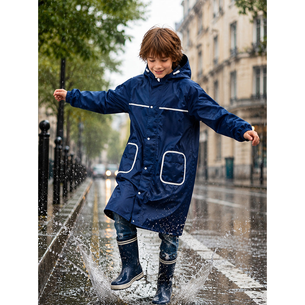 Navy Blue Pocket Patch long Length Raincoat for Kids & Teens