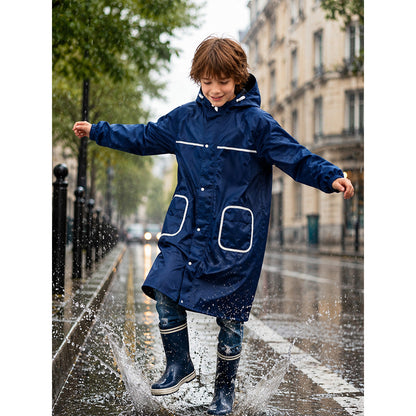 Navy Blue Pocket Patch long Length Raincoat for Kids & Teens