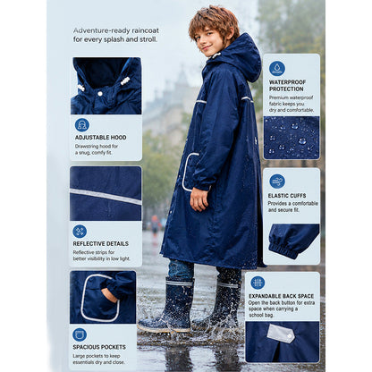 Navy Blue Pocket Patch long Length Raincoat for Kids & Teens