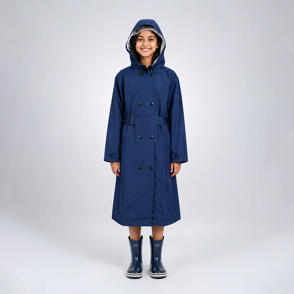 Navy Blue Trench Coat Style Raincoat for Kids & Teens