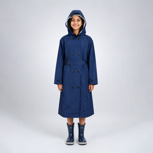 Navy Blue Trench Coat Style Raincoat for Kids & Teens
