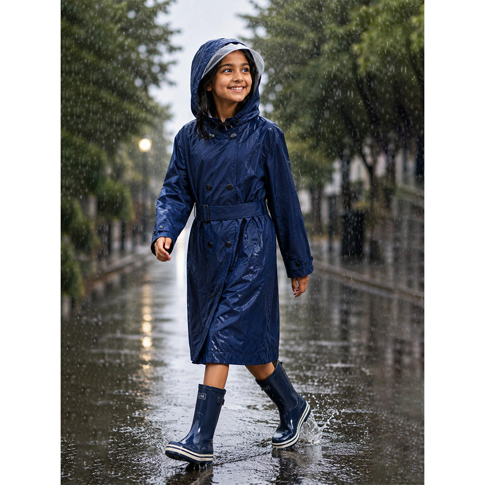 Navy Blue Trench Coat Style Raincoat for Kids & Teens