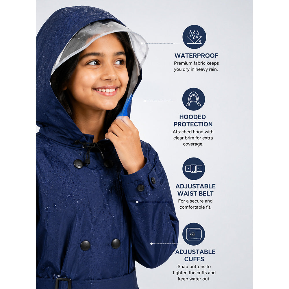 Navy Blue Trench Coat Style Raincoat for Kids & Teens