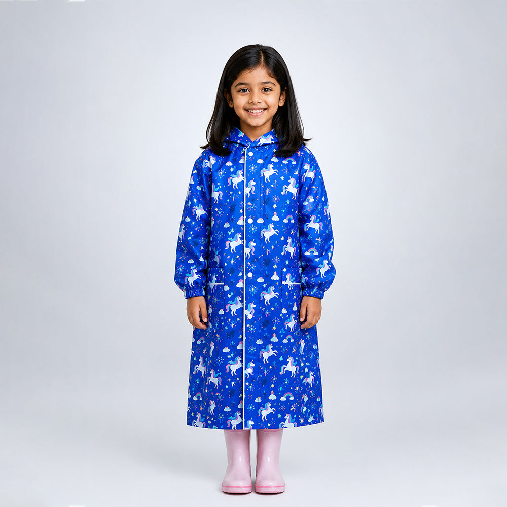 Navy Blue Unicorn Print Knee-Length Raincoat for Kids