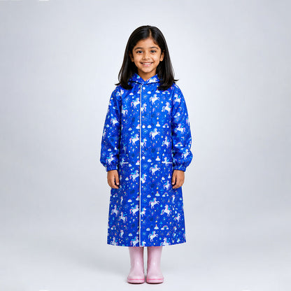 Navy Blue Unicorn Print Knee-Length Raincoat for Kids
