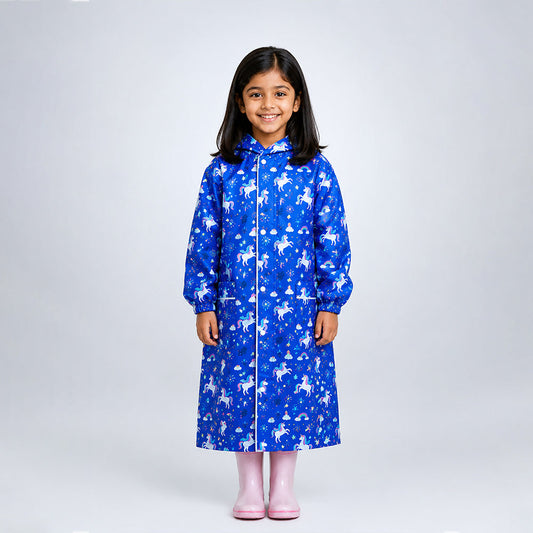 Navy Blue Unicorn Print Knee-Length Raincoat for Kids