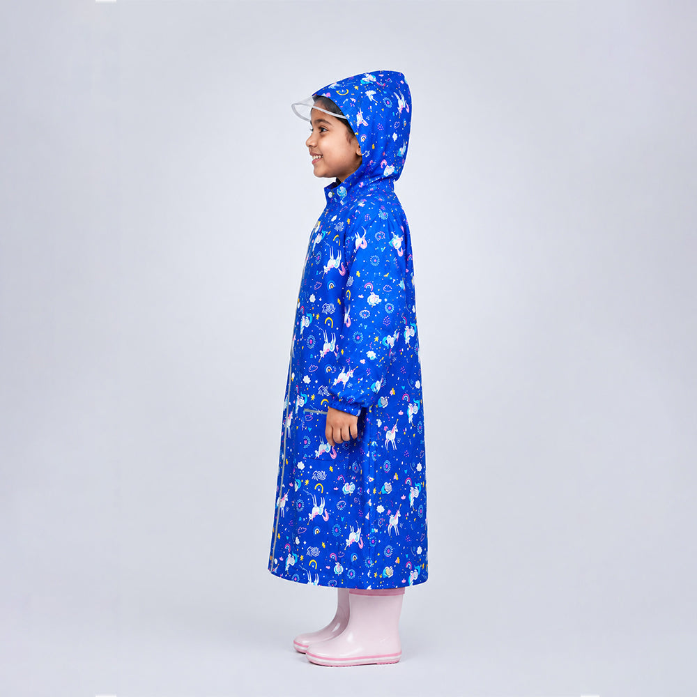 Navy Blue Unicorn Print Knee-Length Raincoat for Kids