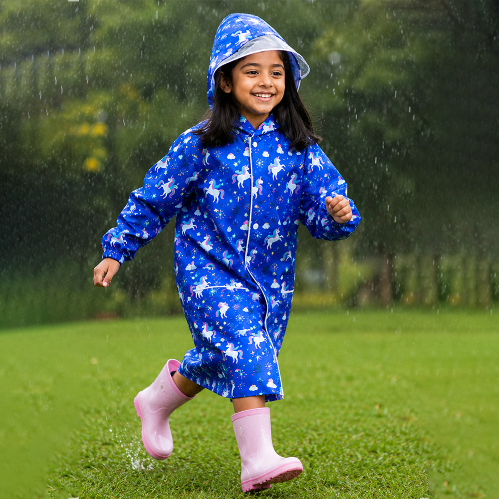 Navy Blue Unicorn Print Knee-Length Raincoat for Kids