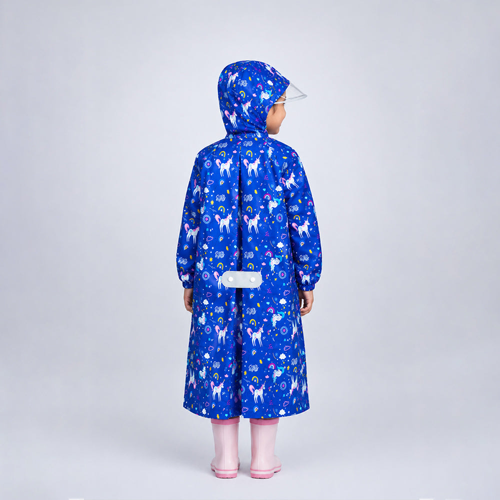 Navy Blue Unicorn Print Knee-Length Raincoat for Kids
