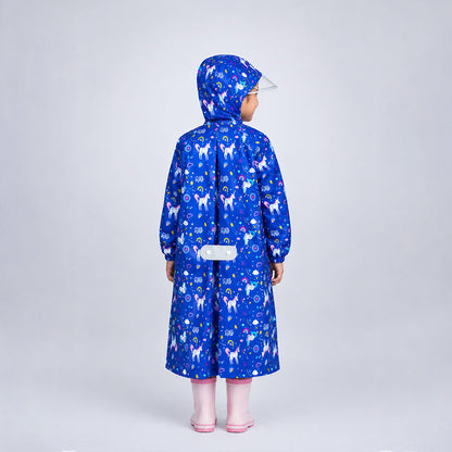 Navy Blue Unicorn Print Knee-Length Raincoat for Kids