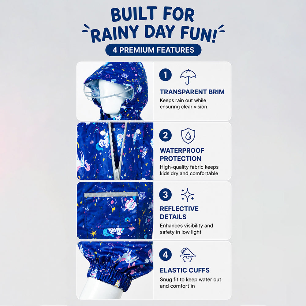 Navy Blue Unicorn Print Knee-Length Raincoat for Kids