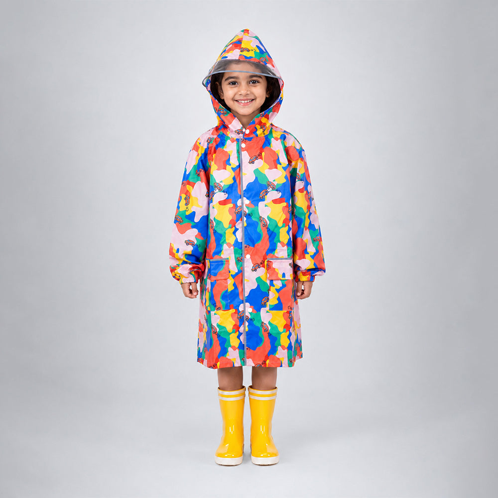 Pink Color Pop Car Print Knee-Length Raincoat for Kids