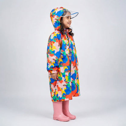 Pink Color Pop Car Print Knee-Length Raincoat for Kids