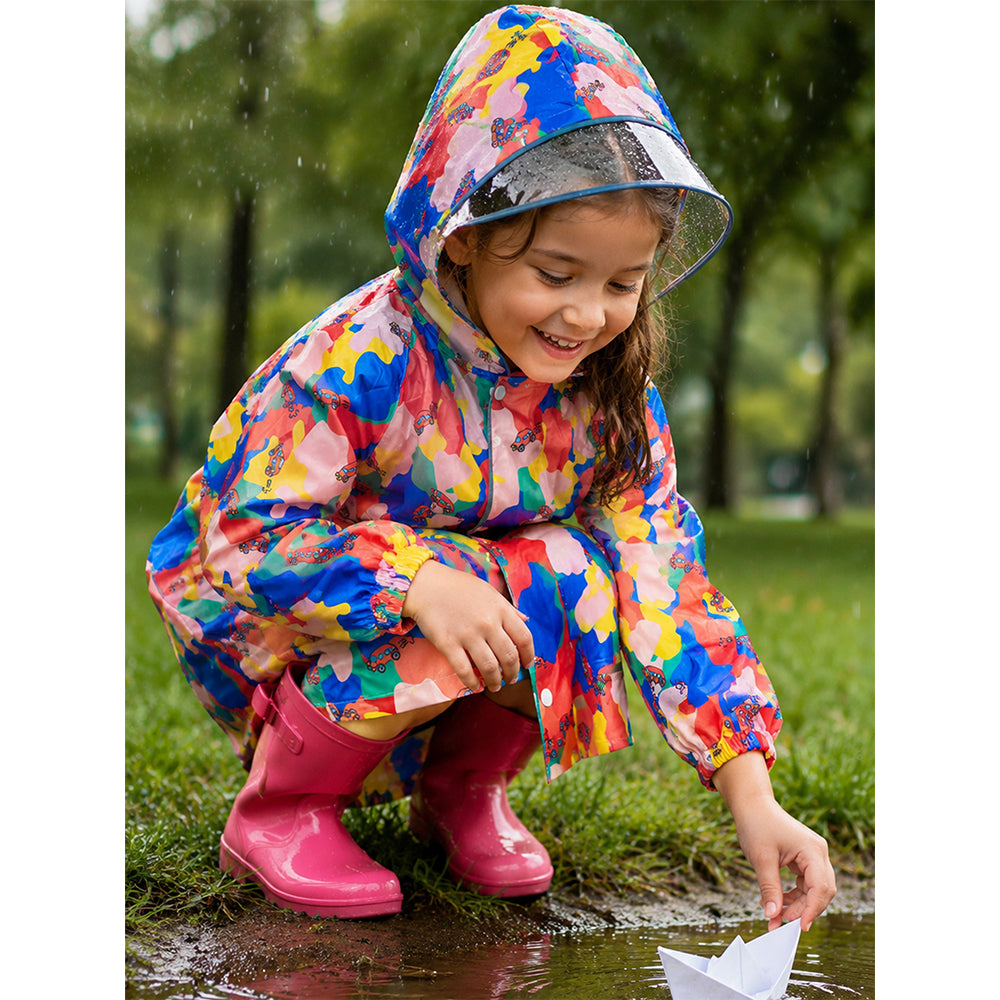 Pink Color Pop Car Print Knee-Length Raincoat for Kids