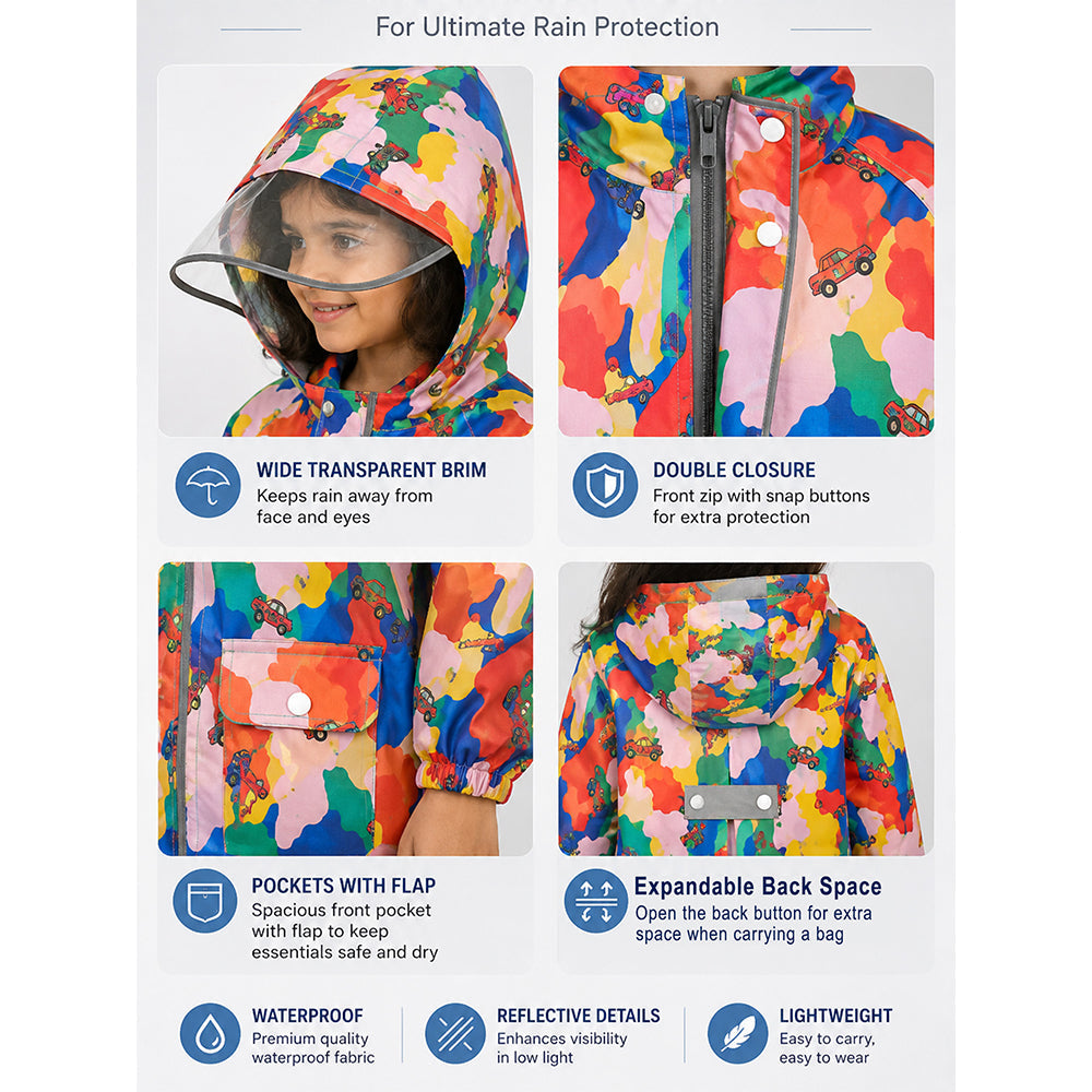 Pink Color Pop Car Print Knee-Length Raincoat for Kids