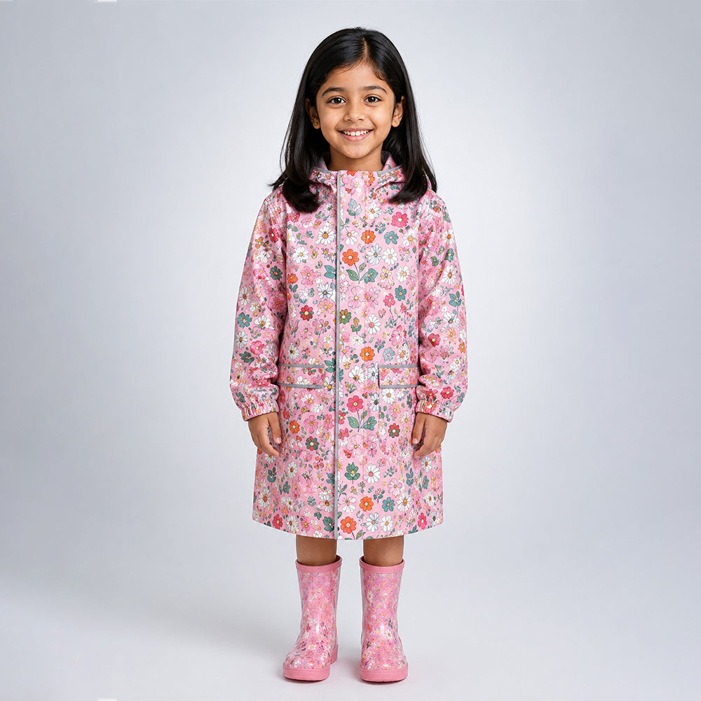 Pink Floral Garden Print Knee-Length Raincoat for Kids & Teens
