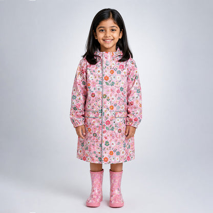 Pink Floral Garden Print Knee-Length Raincoat for Kids & Teens