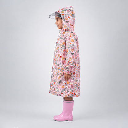 Pink Floral Garden Print Knee-Length Raincoat for Kids & Teens