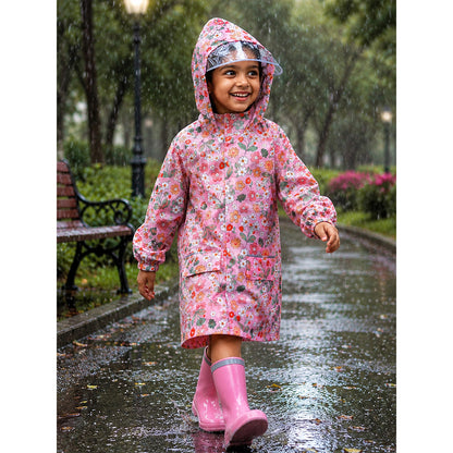 Pink Floral Garden Print Knee-Length Raincoat for Kids & Teens