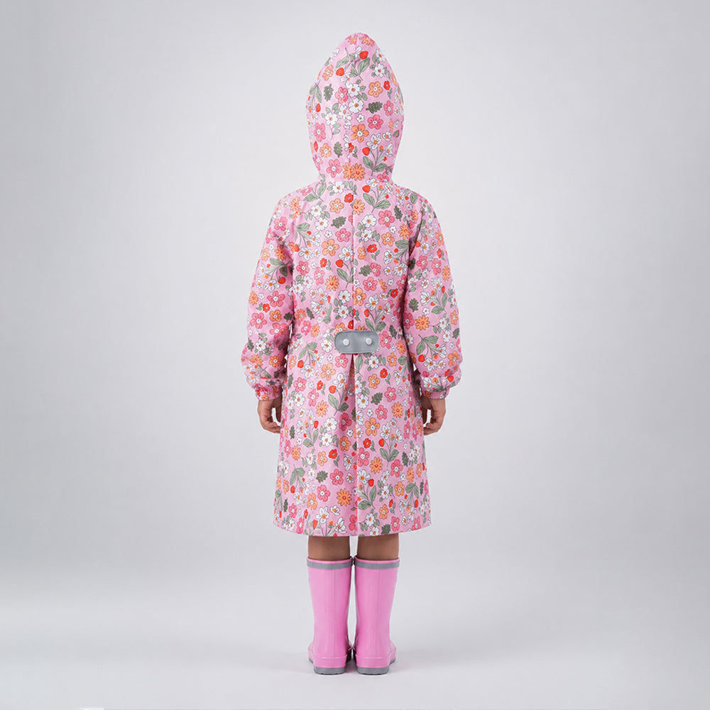 Pink Floral Garden Print Knee-Length Raincoat for Kids & Teens