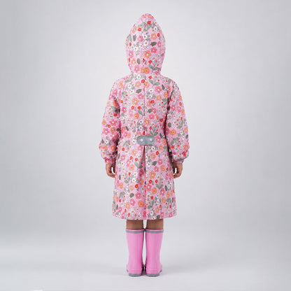 Pink Floral Garden Print Knee-Length Raincoat for Kids & Teens