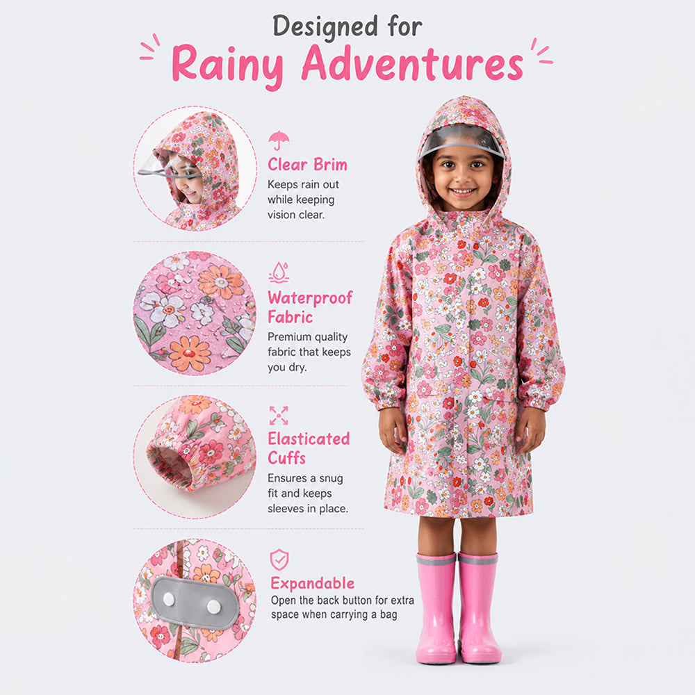 Pink Floral Garden Print Knee-Length Raincoat for Kids & Teens