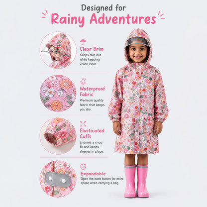 Pink Floral Garden Print Knee-Length Raincoat for Kids & Teens
