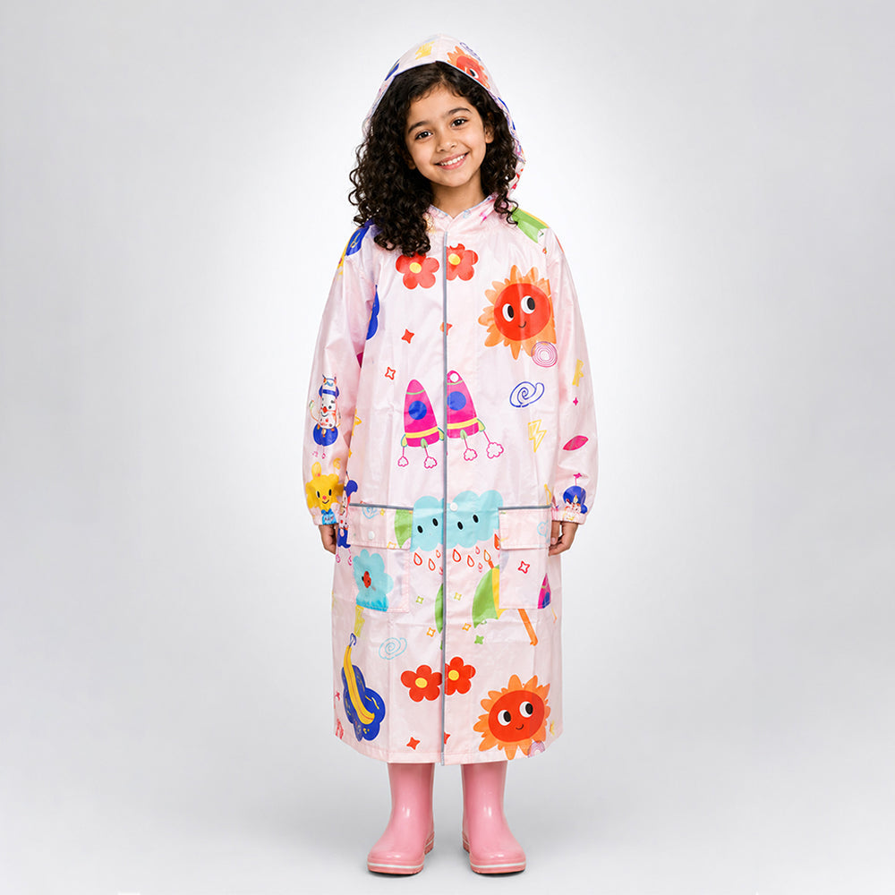 Pink Sunshine Doodle Knee-Length Raincoat for Kids