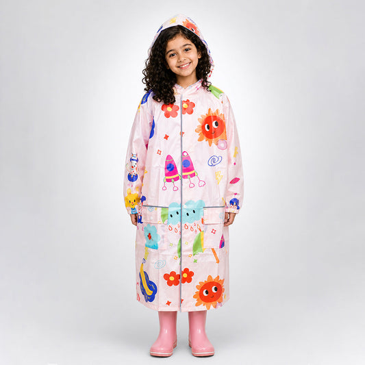 Pink Sunshine Doodle Knee-Length Raincoat for Kids