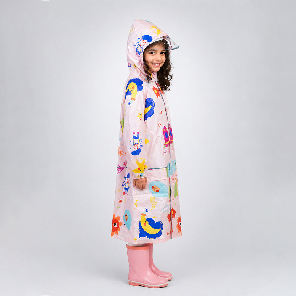 Pink Sunshine Doodle Knee-Length Raincoat for Kids