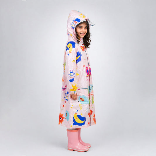 Pink Sunshine Doodle Knee-Length Raincoat for Kids