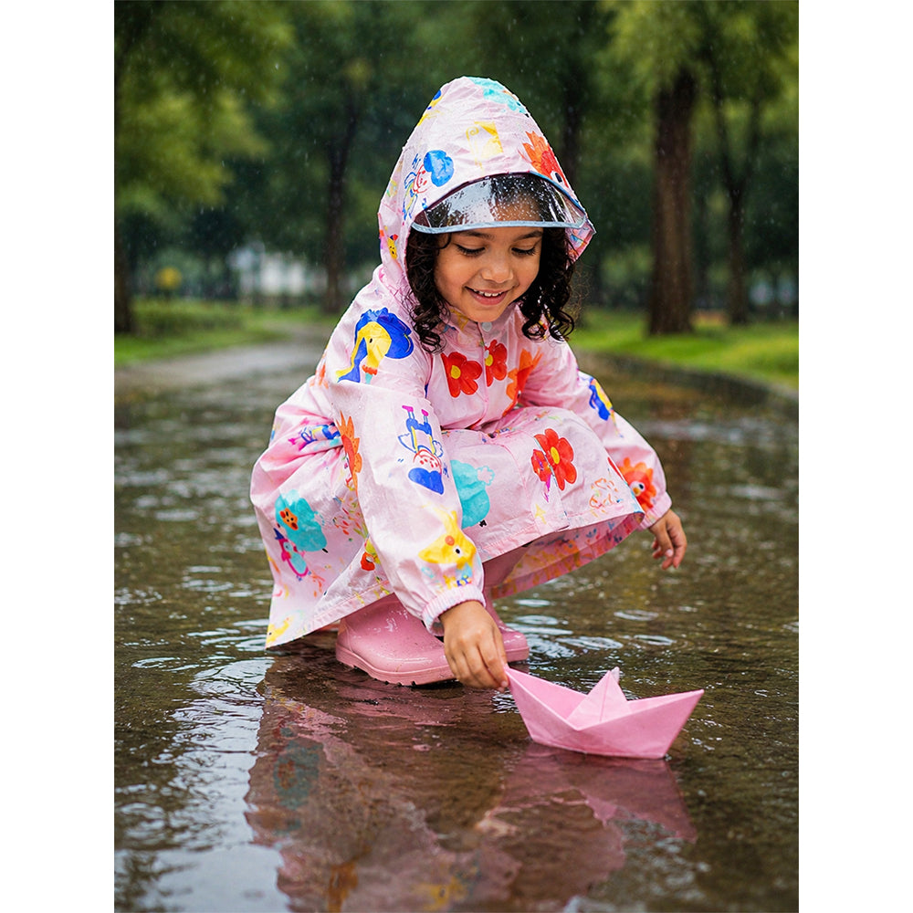 Pink Sunshine Doodle Knee-Length Raincoat for Kids
