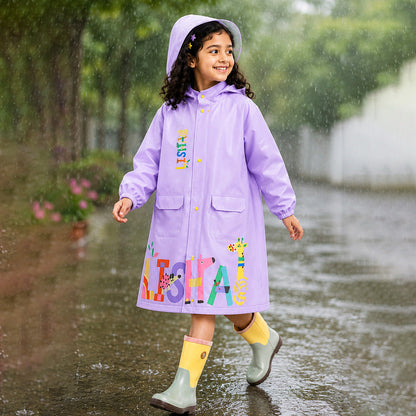 Purple Giraffe Knee Length Raincoat for Kids