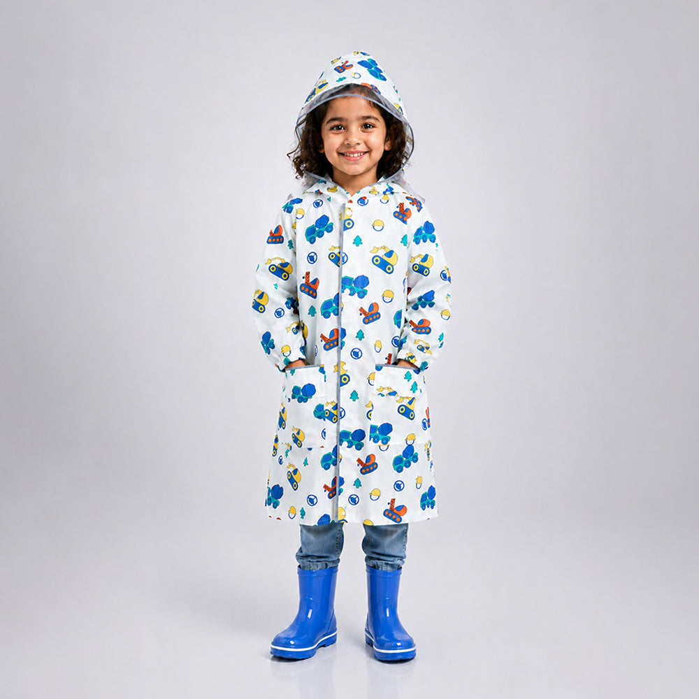 White Dumper Construction Print Knee-Length Raincoat for Kids
