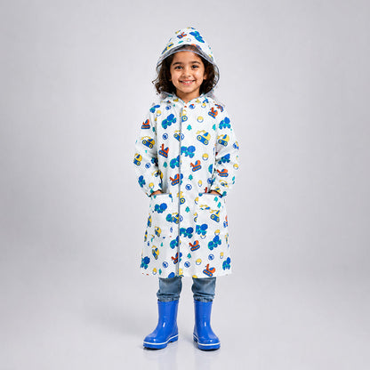 White Dumper Construction Print Knee-Length Raincoat for Kids