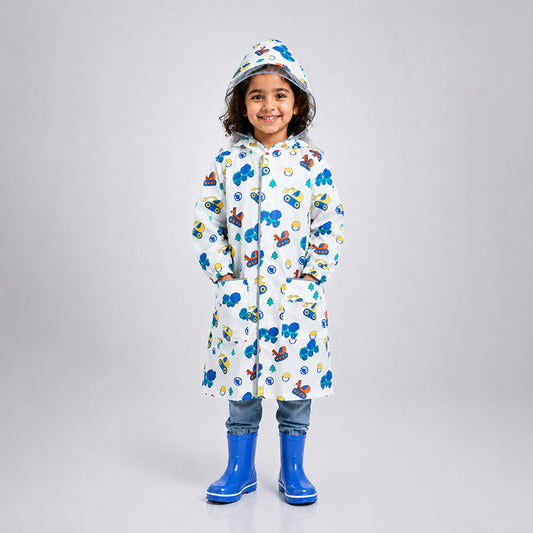 White Dumper Construction Print Knee-Length Raincoat for Kids