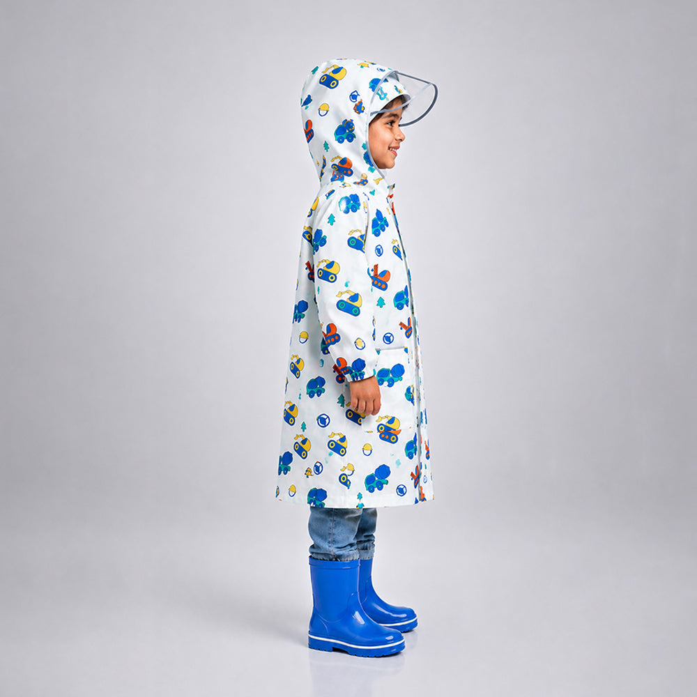 White Dumper Construction Print Knee-Length Raincoat for Kids