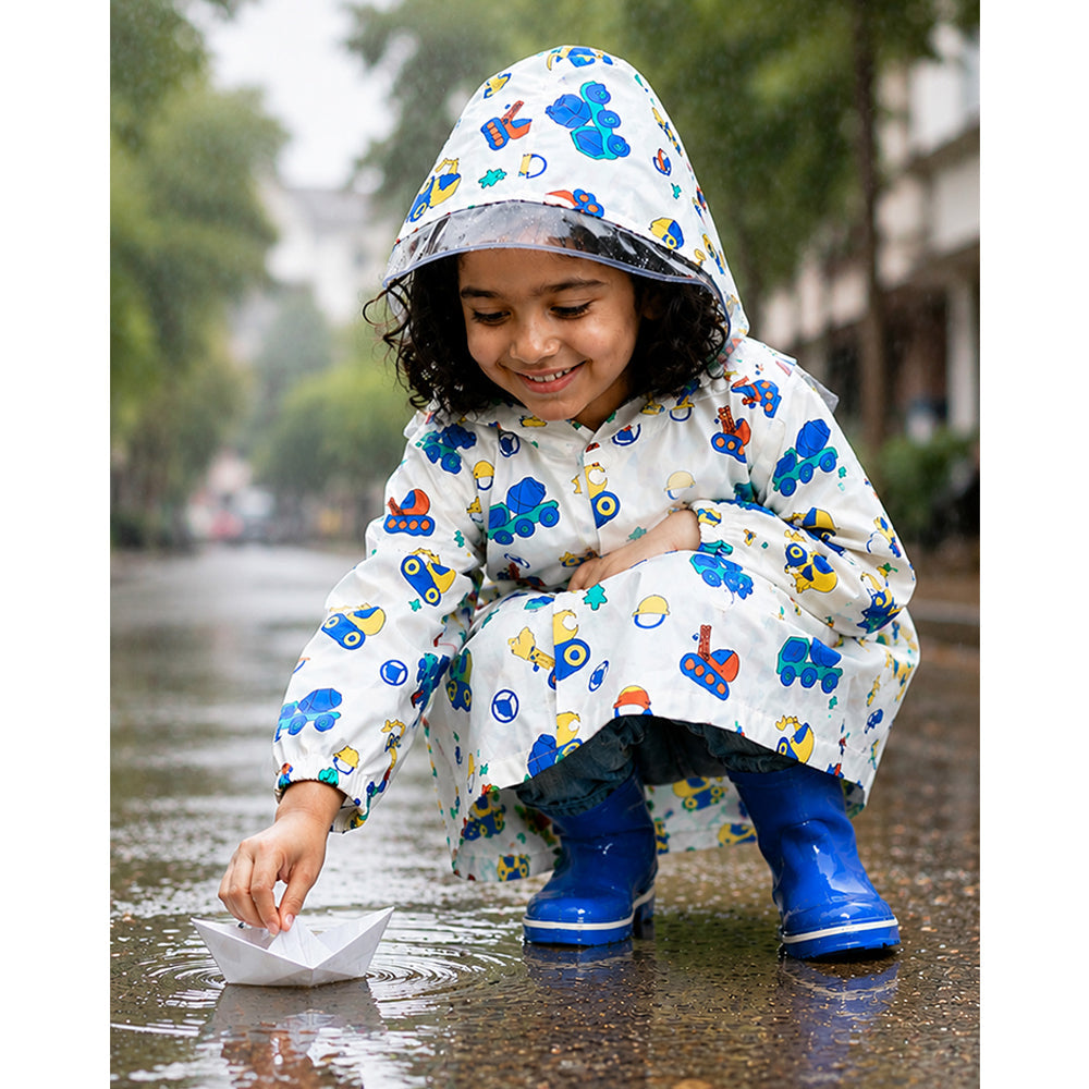 White Dumper Construction Print Knee-Length Raincoat for Kids