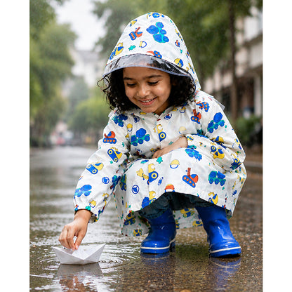 White Dumper Construction Print Knee-Length Raincoat for Kids