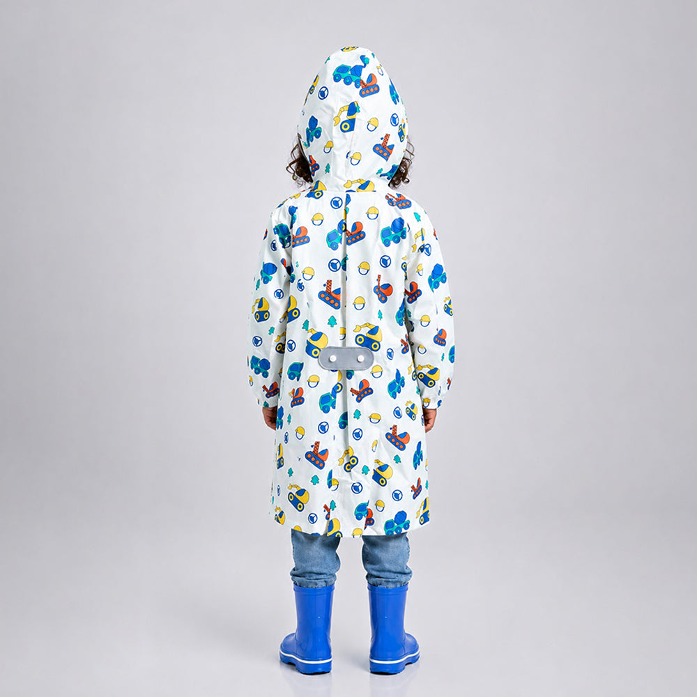 White Dumper Construction Print Knee-Length Raincoat for Kids