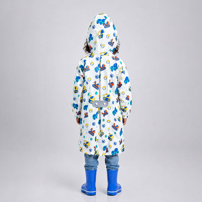 White Dumper Construction Print Knee-Length Raincoat for Kids