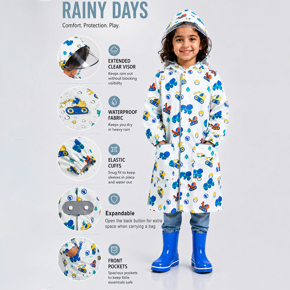 White Dumper Construction Print Knee-Length Raincoat for Kids