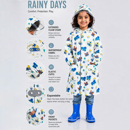White Dumper Construction Print Knee-Length Raincoat for Kids