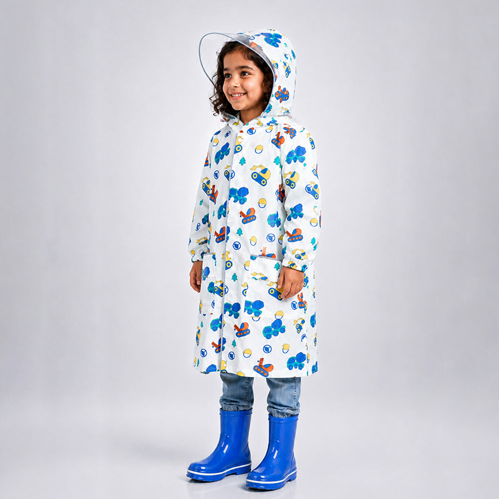 White Dumper Construction Print Knee-Length Raincoat for Kids