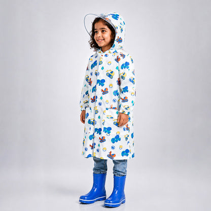 White Dumper Construction Print Knee-Length Raincoat for Kids