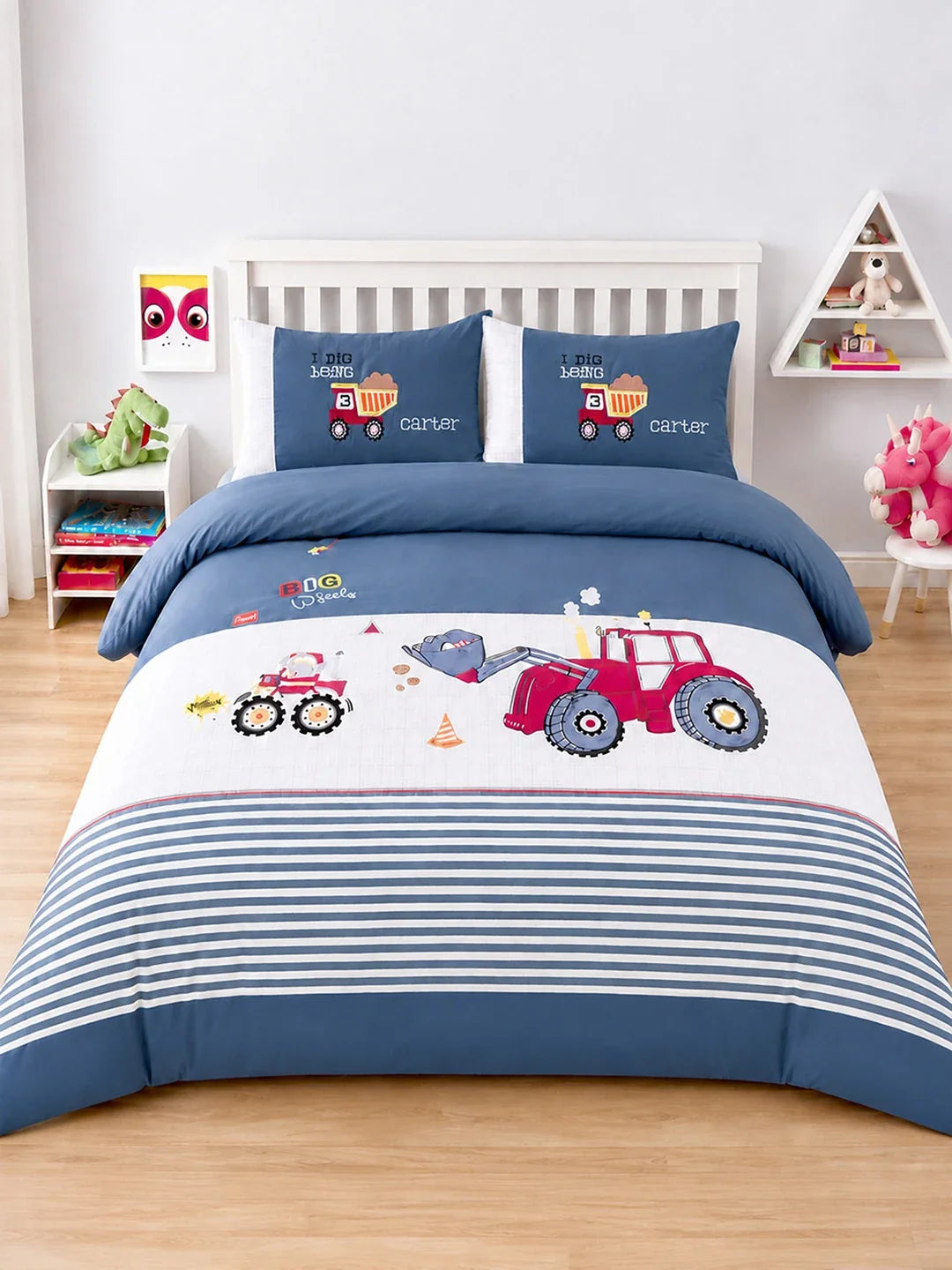 4 Pcs Red Tractor Theme Embroidered King Size Bedding Set