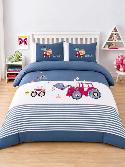 4 Pcs Red Tractor Theme Embroidered King Size Bedding Set