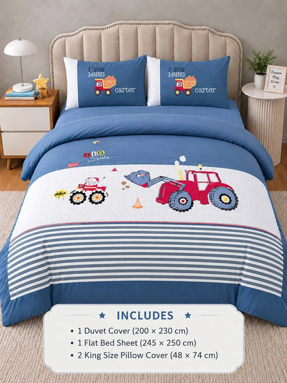 4 Pcs Red Tractor Theme Embroidered King Size Bedding Set