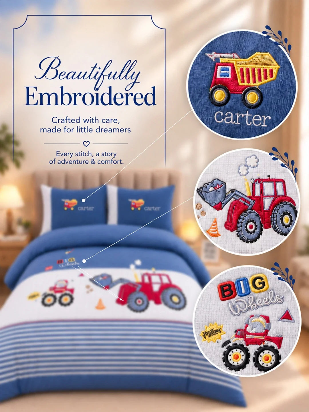 4 Pcs Red Tractor Theme Embroidered King Size Bedding Set