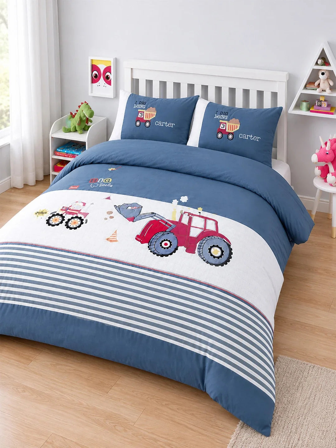 4 Pcs Red Tractor Theme Embroidered King Size Bedding Set